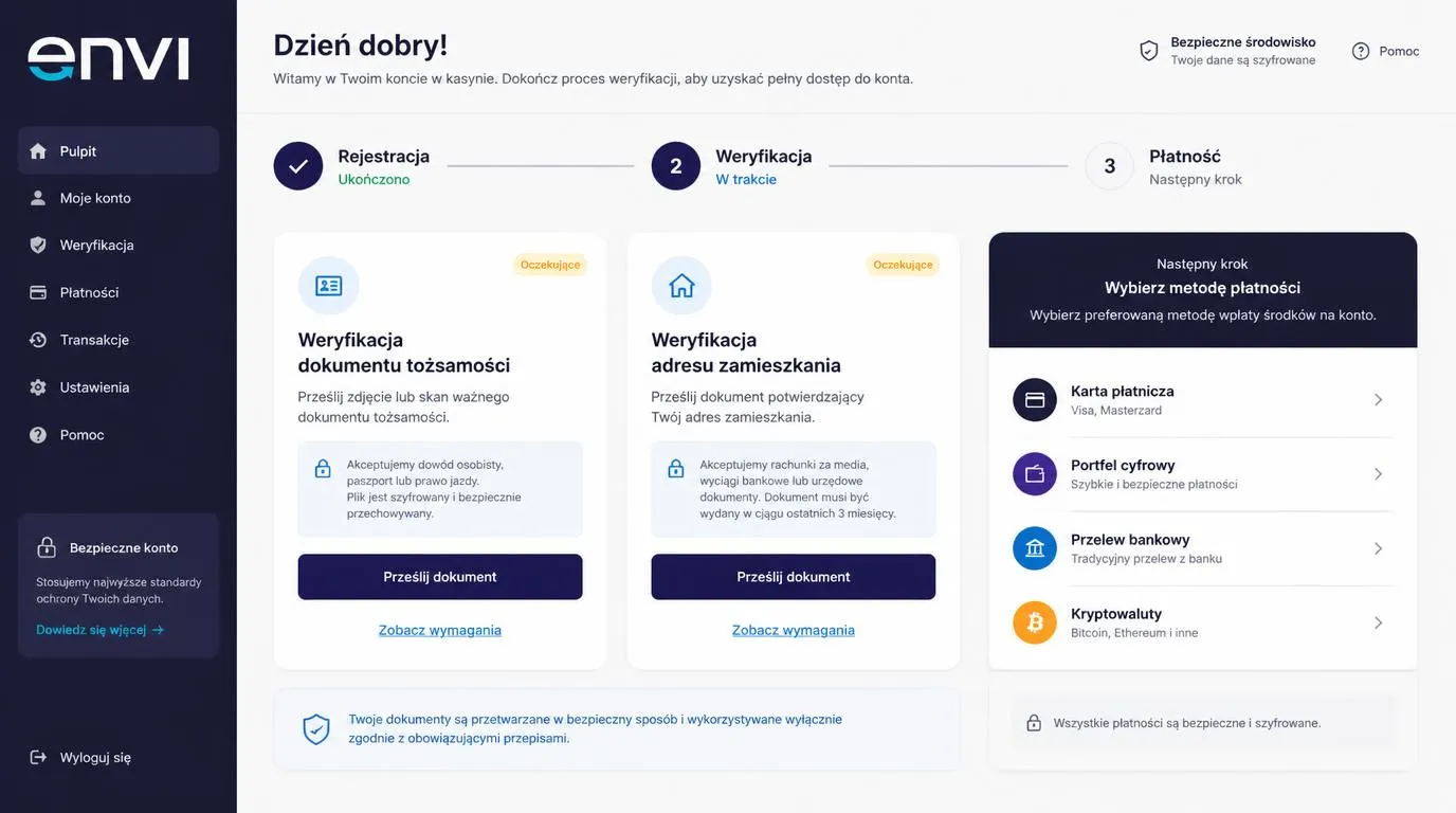 Panel konta z etapami weryfikacji tożsamości i adresu przed wpłatą